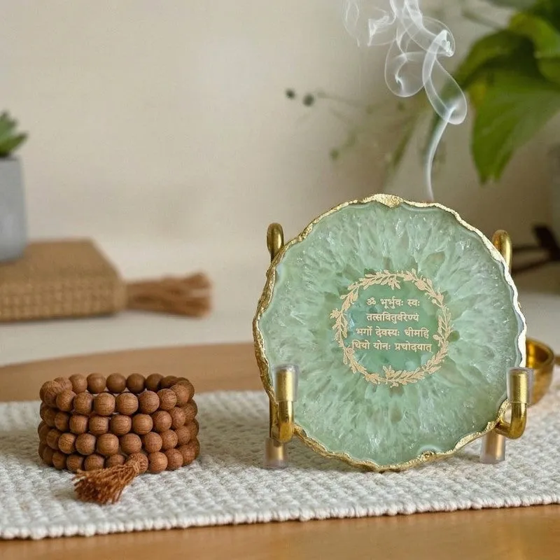 Sacred Gayathri Mantra Handcrafted Agate Religious Accent - Green media 3
