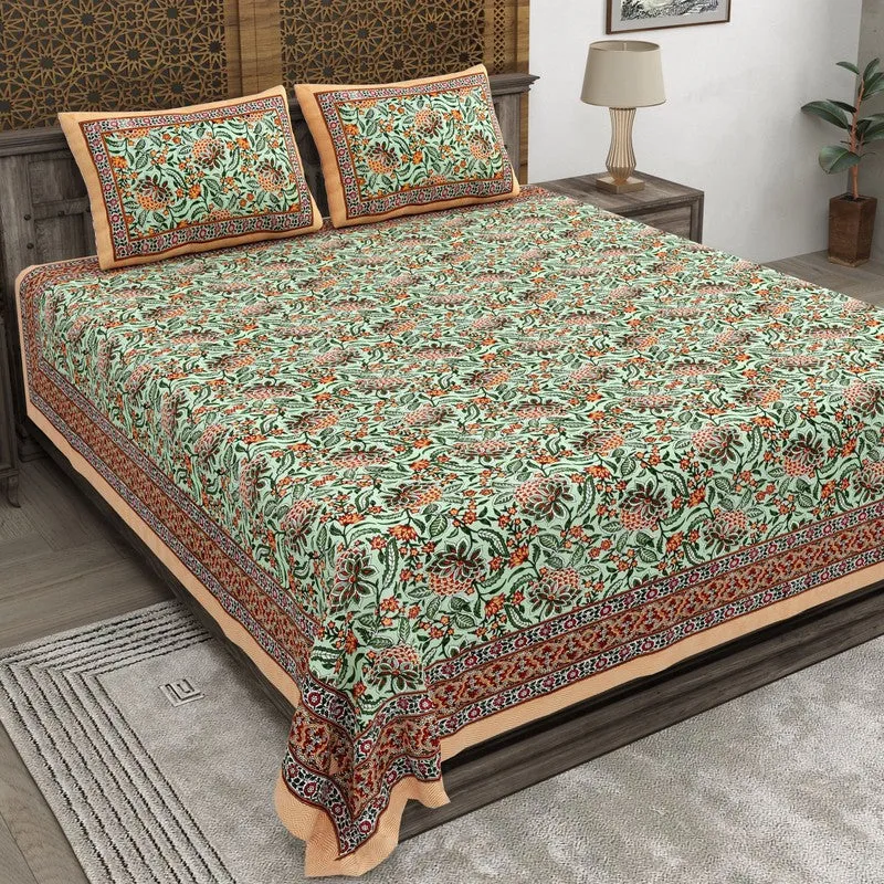 Shapeza Cotton Bedsheet (Green,Orange) - 240 TC media 1