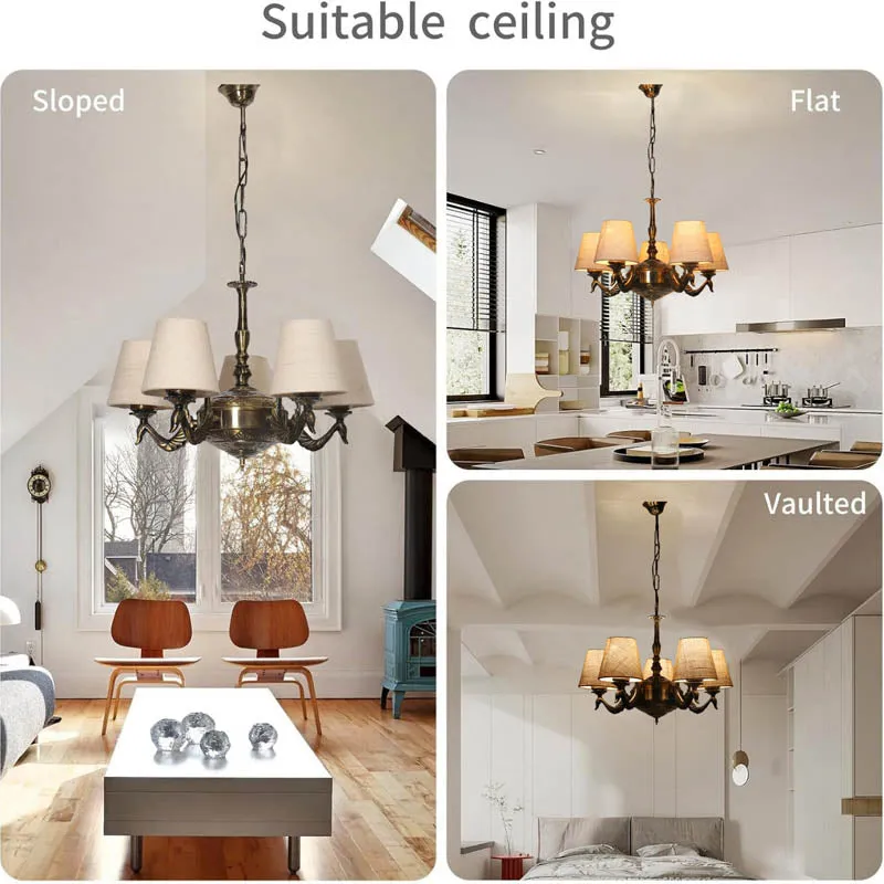 Ceiling lamp shown installed in three different interior spaces