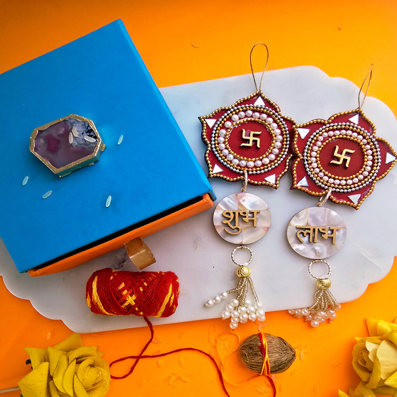 Swastika Mother Of Pearl Latkan (Red) - Set Of Two