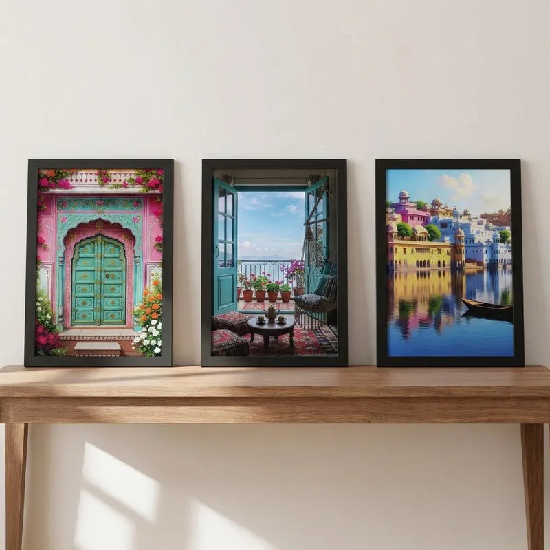 Vibrant Doorways & Cityscape Wall Painting With Frame - Set Of Three media 3