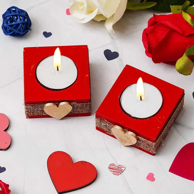 Burning Hearts Wood Tea Light Holder - Set Of Two media 1