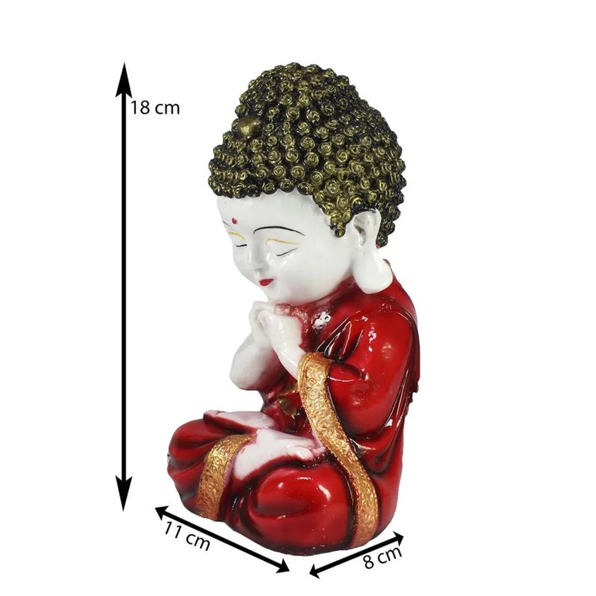 Seated Buddha showpiece shown with measurement arrows