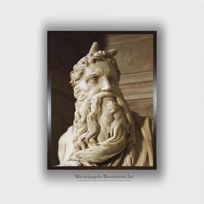 Front view of framed canvas art with a classical sculpture portrait
