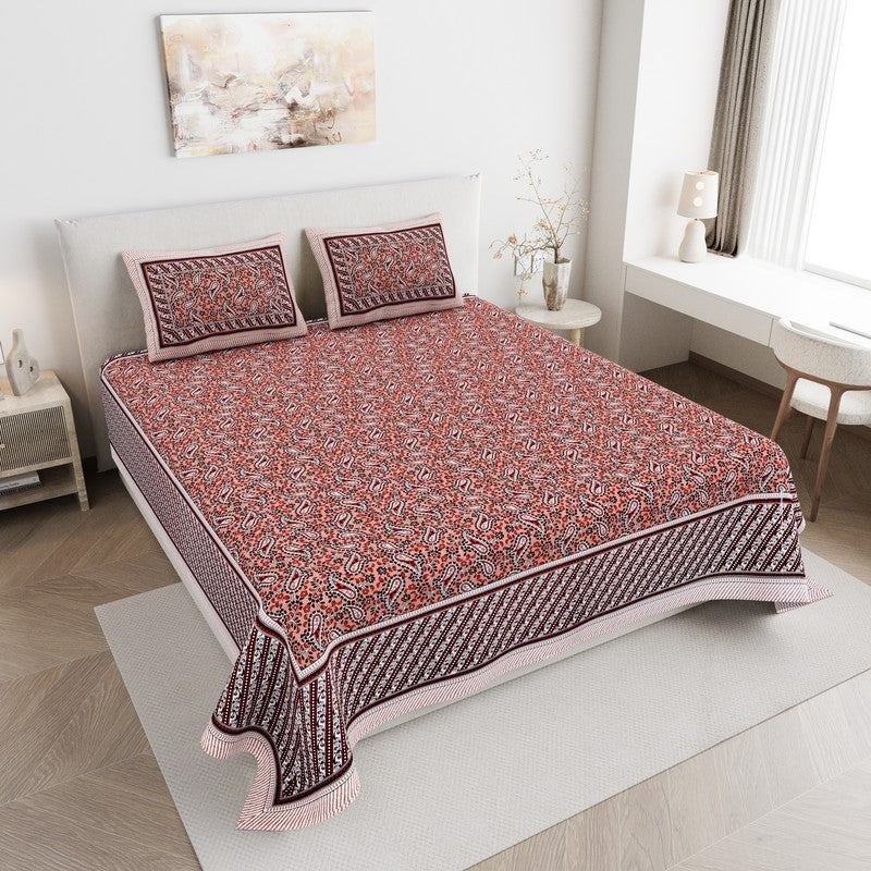 FloralNest Cotton Bedsheet (Red) - 144 TC
