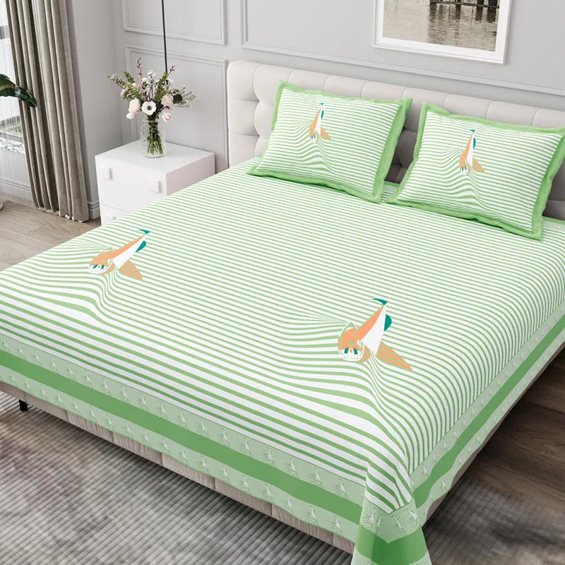Illusion Stripey Sails Cotton Bedsheet (Green) - 200 TC media 1
