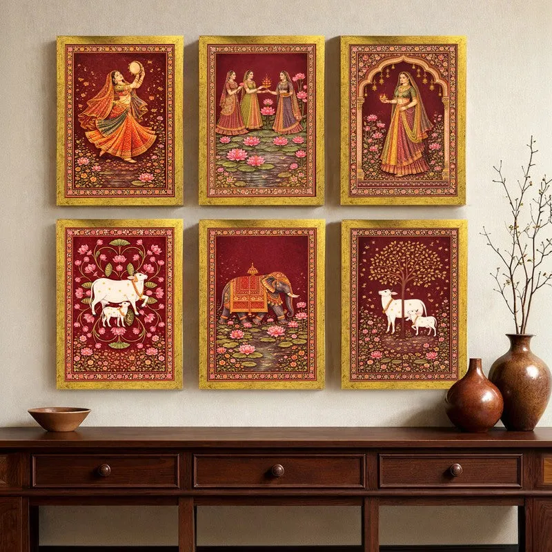 Set of six framed crimson wall art prints displayed above a wooden sideboard