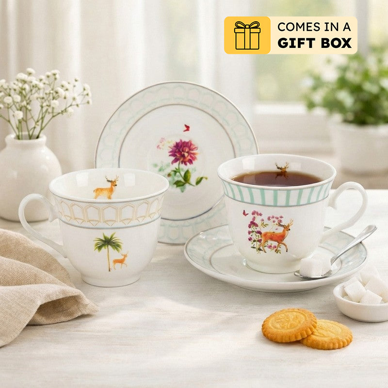 PetalGrace 24k Gold Brushed Porcelain Tea Cup (300 mL Each) - Twelve Piece Set