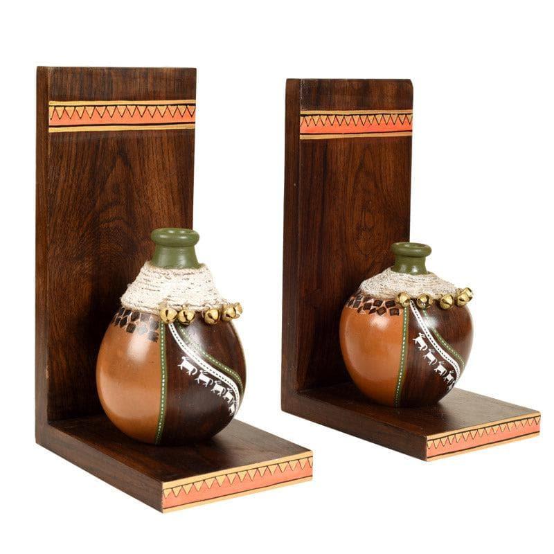 Coco Calm Wooden Wall Shelf With Earthen Vases - Set Of Four media 4