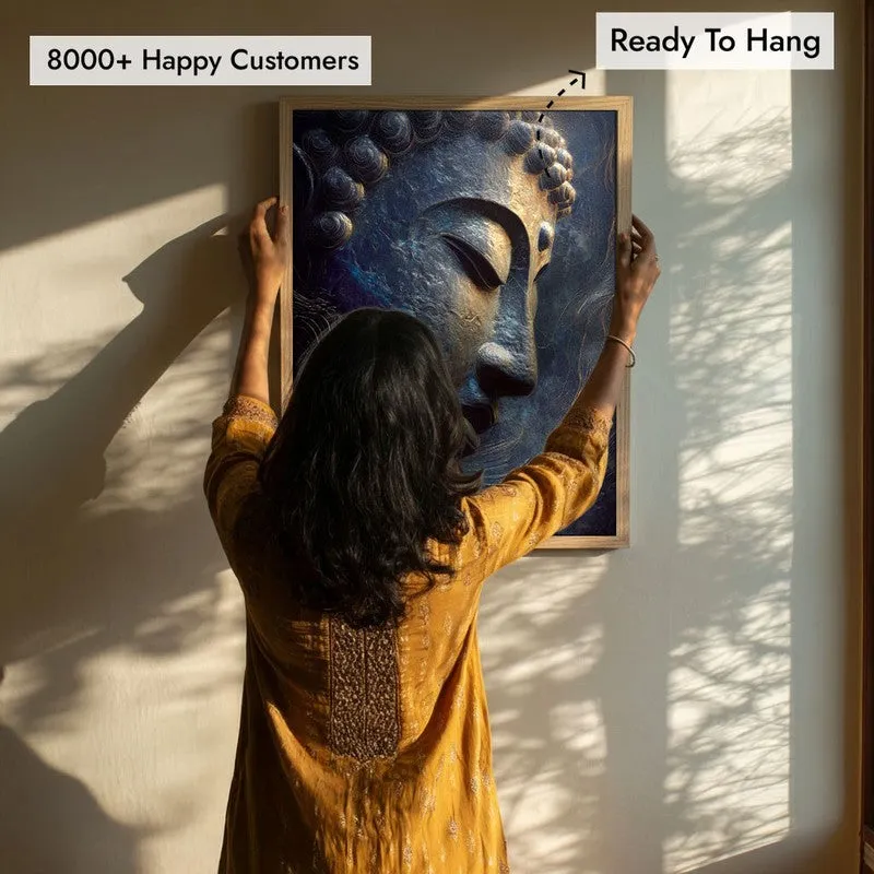 Mystic Blue Buddha Archival Paper Wall Painting With Brown Frame media 7