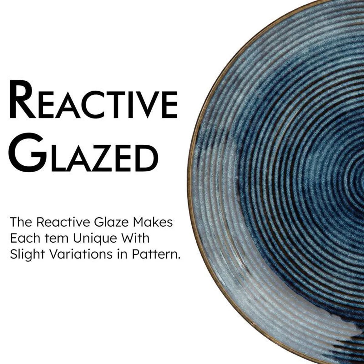 Close-up of blue dinner plate with concentric glazed pattern