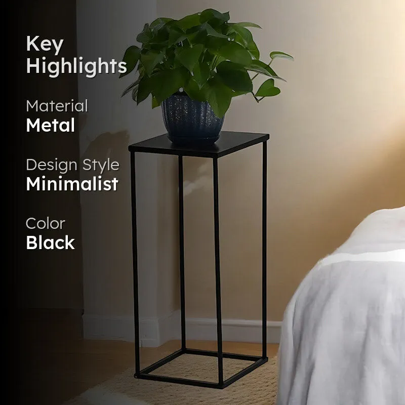 Black metal planter stand with a leafy plant and key highlights panel.