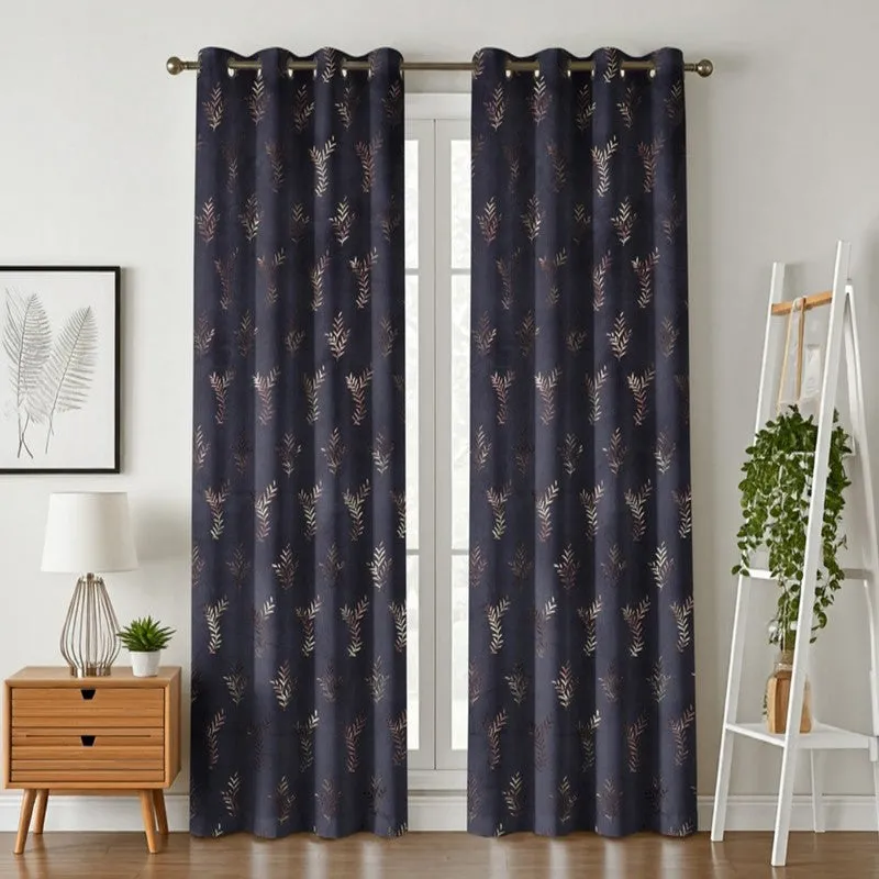 Shimmer Veil Printed Velvet Curtains (Navy Blue,Gold) - Set Of Two media 1