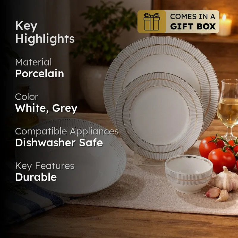 Modern Grid & Bloom 24k Gold Brushed Dinner Set  (White,Grey)- 20 Piece Set media 2