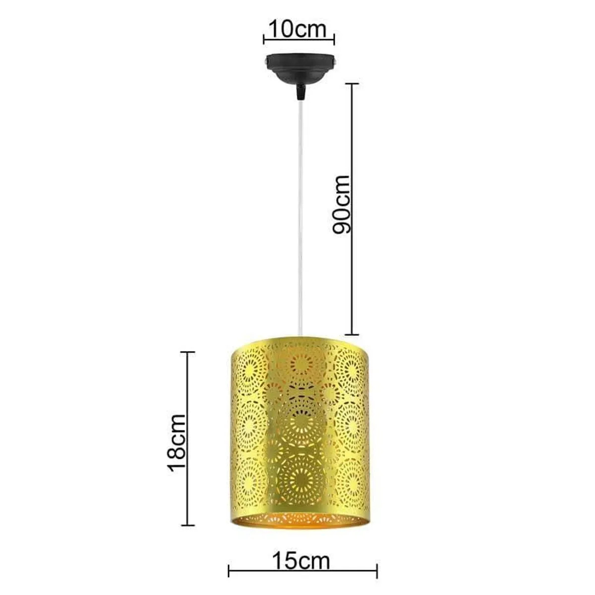 Gold cylindrical pendant lamp shown with hanging cord and shade proportions