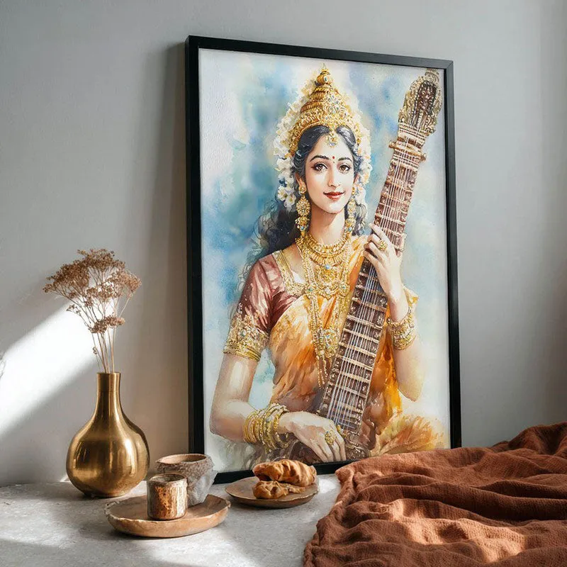 Veena Of Knowledge Spiritual Archival Paper Wall Painting With Frame - Black media 4