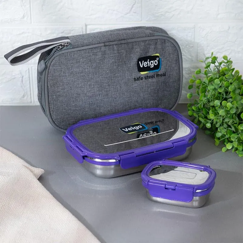 Delico Pack Violet Lunch Box With Insulated Pouch (775 mL /150 mL) - Three Piece Set media 1