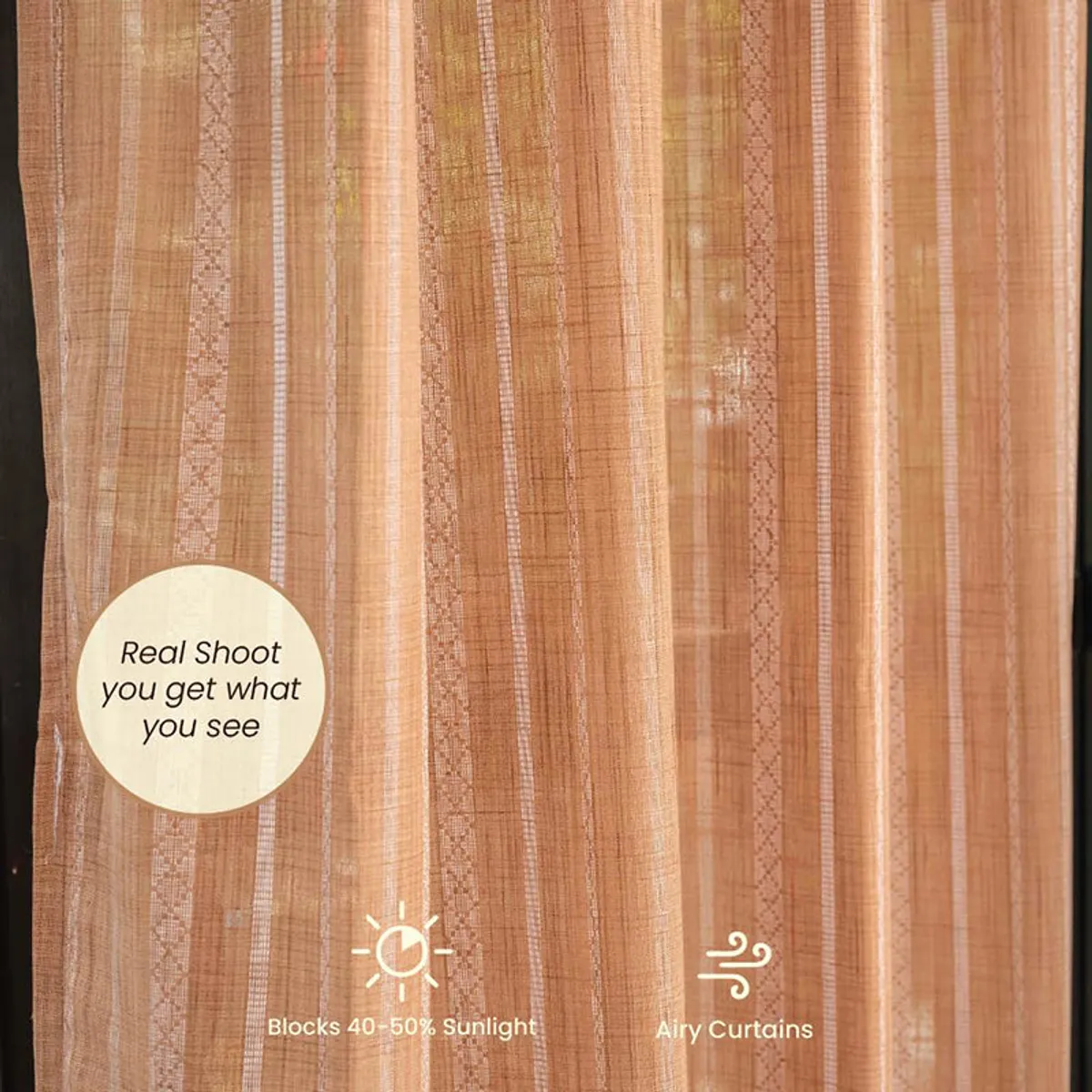Close-up view of sheer pink curtains showing striped woven-looking detail