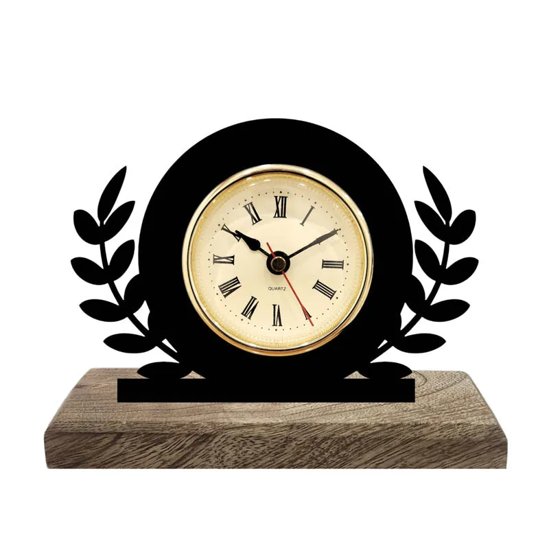 Front view of black iron table clock with laurel leaf design