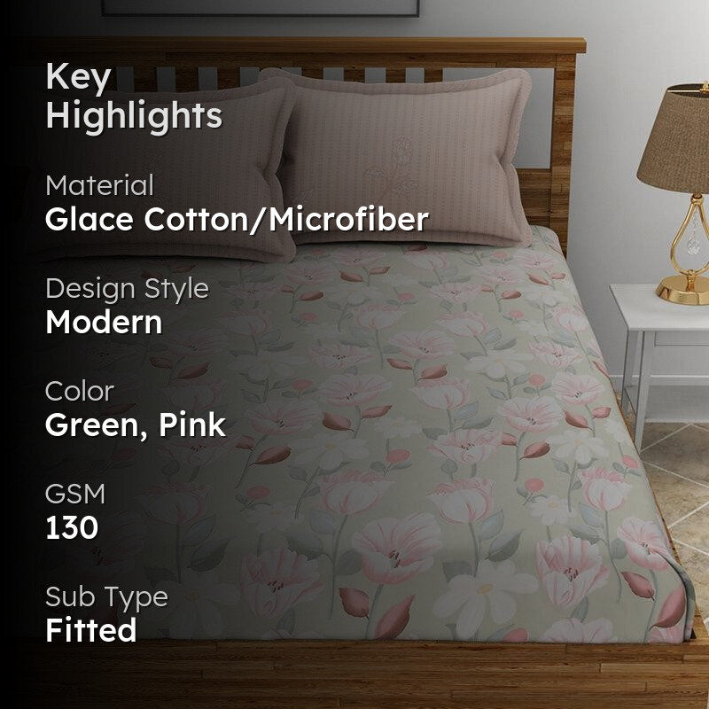 Freesia Floral Microfiber Bedsheet (Green) - 130 GSM media 2
