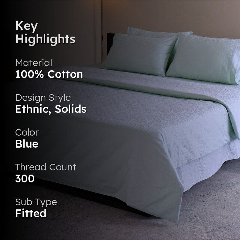 Damask Ethnic Cotton Bedsheet (Ice Blue) - 300 TC media 2