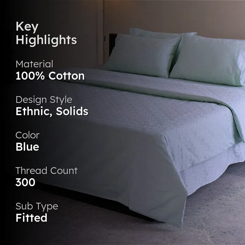 Ice blue bedsheet on a bed with text overlay