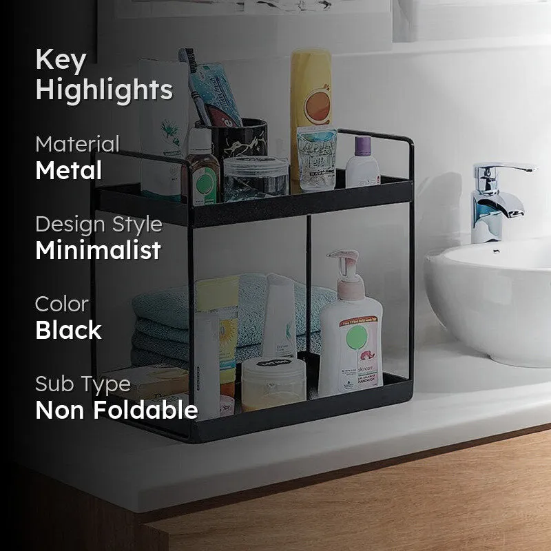 Black two-tier bathroom rack with key highlights text overlay