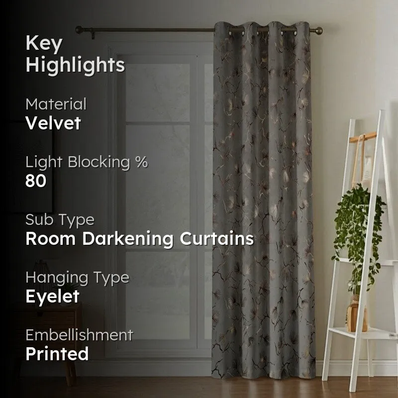 Soft Edge Printed Velvet Curtain - Grey,Gold media 2