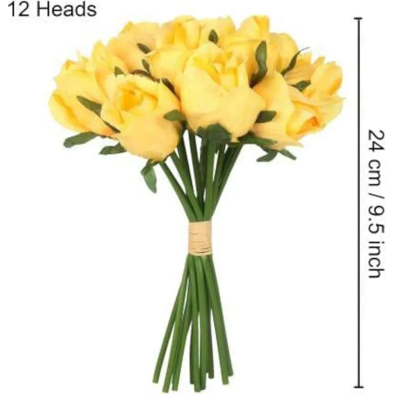 Faux Tube Artificial Polyester Rose Bunch (Yellow) - Set Of Twelve media 5