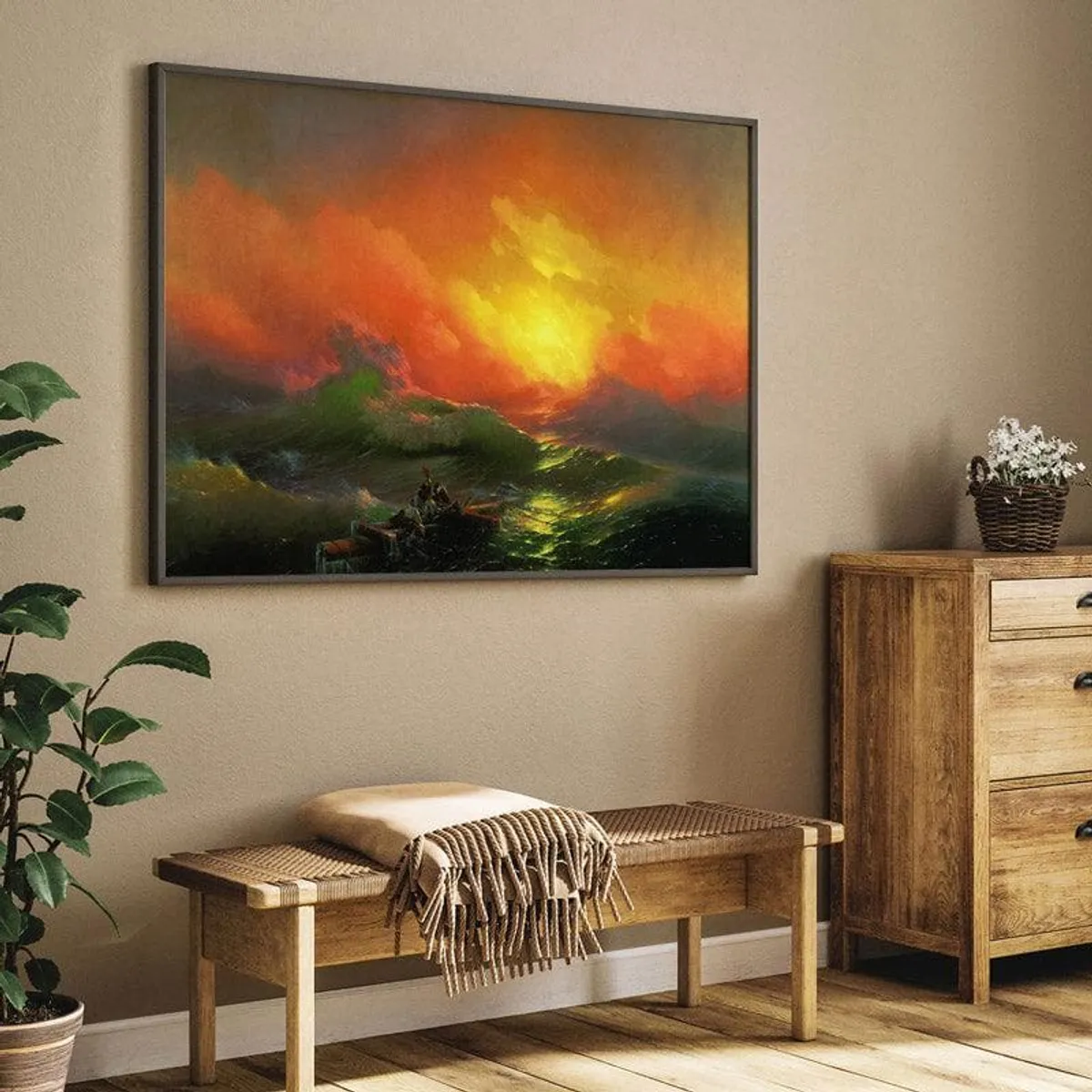 Warm-toned framed seascape painting styled above a wooden bench and cabinet.