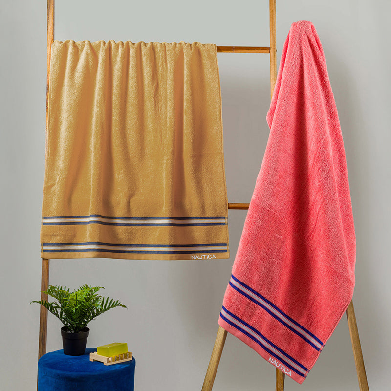 Nautica Dual Down Cotton Bath Towel (Beige & Coral) - Set Of Two - 75 x 150 cms