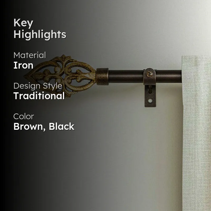 Spindle Extendable 1" Single Curtain Rods With Abstract Finial & Brackets (Brown) media 2