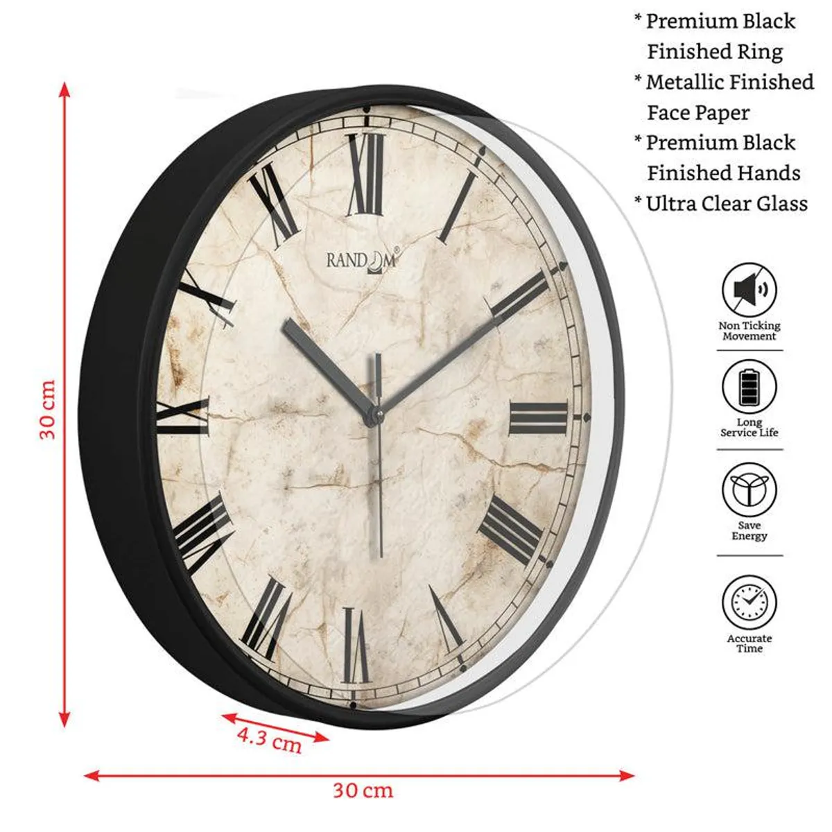 Angled view of a round wall clock with black rim and beige face