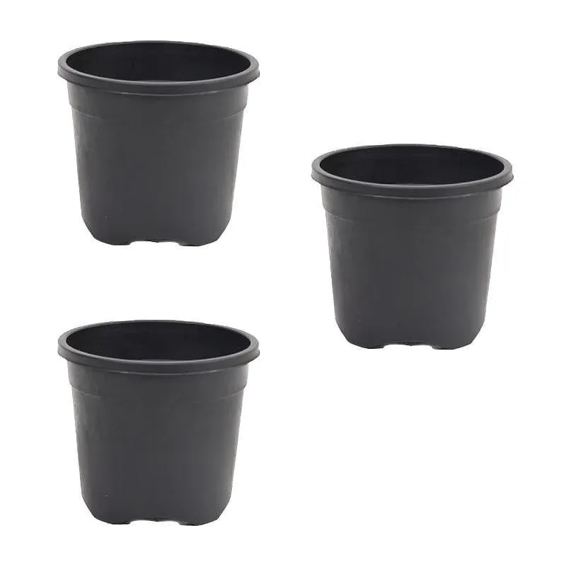 Three black plastic plant pots arranged against a white background