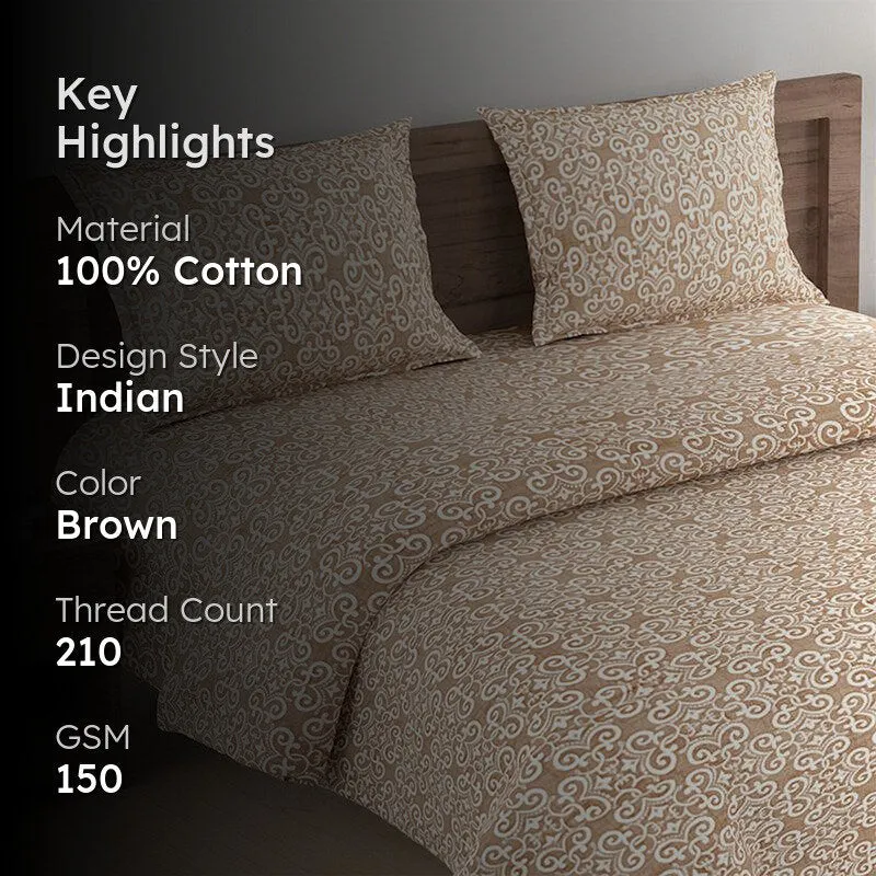 Brown ethnic bedding set with key highlights text overlay