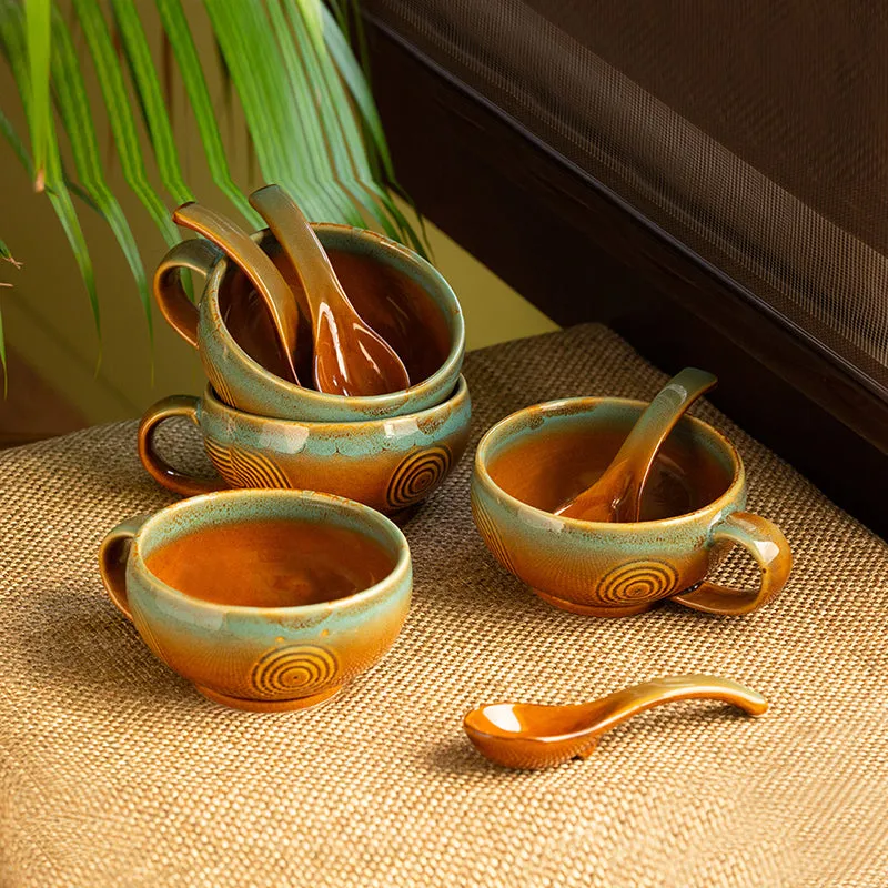 Kalika Handglazed Ceramic Soup Bowl With Spoon (Beige/320 mL Each) - Eight Piece Set media 1