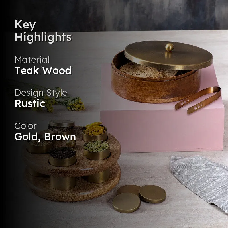 Aromix Teak Wood Round Masala Box - Three Piece Set media 2