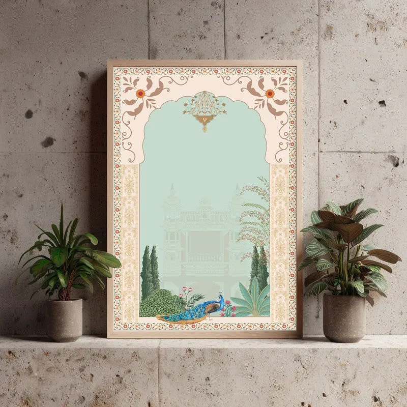Imperial Peacock Framed Mughal Canvas Archival Canvas Wall Painting - Natural Brown Frame media 5