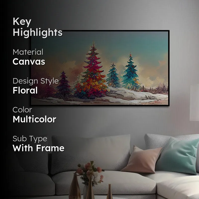 Kaleidoscopic Fir Trees Floral Canvas Wall Painting With Frame - Black media 2
