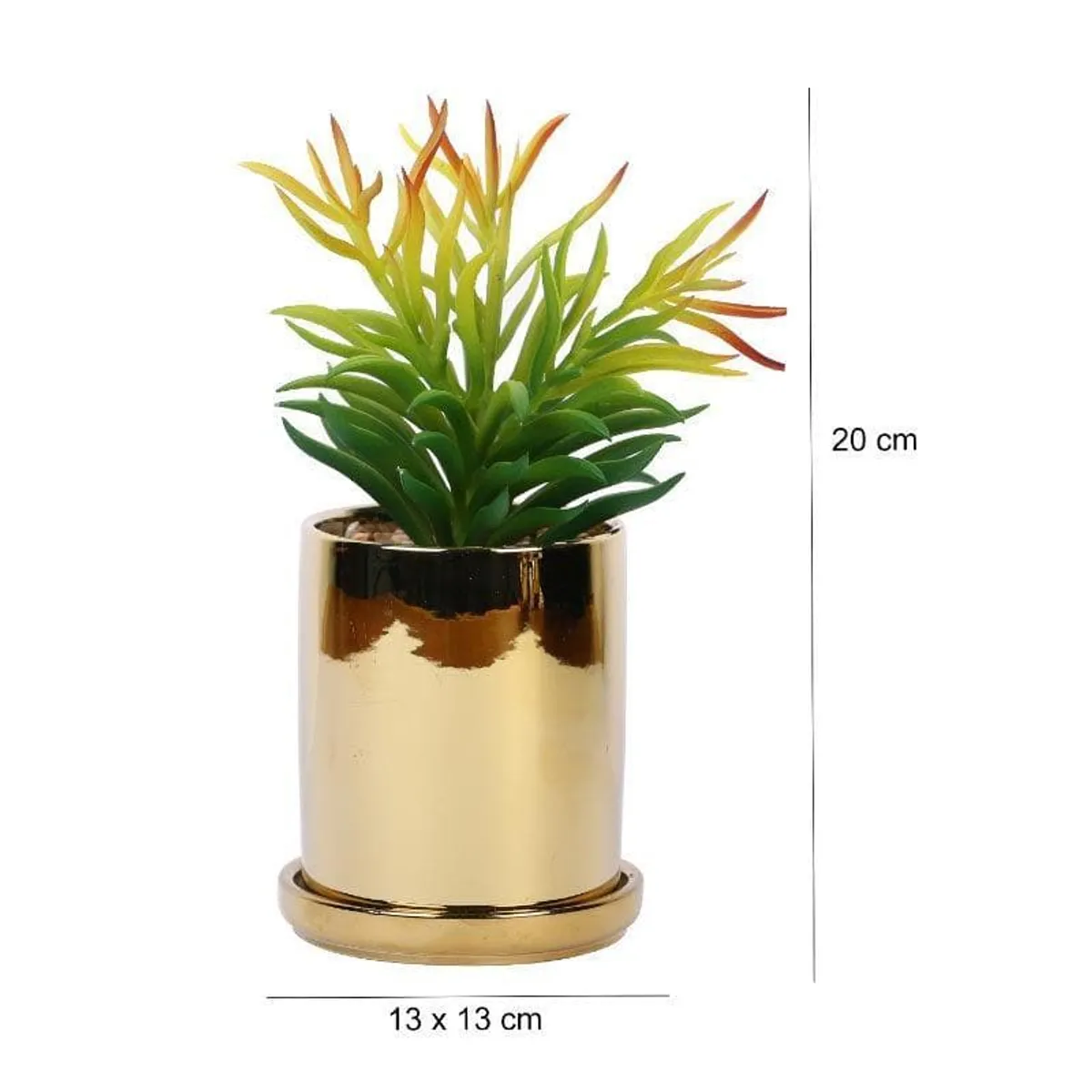 Faux Euphorbia plant in a gold pot shown with 20 cm height and 13 cm width