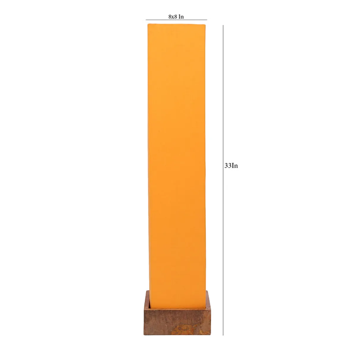 Front view of the tall yellow-orange tower floor lamp with wooden base on white background