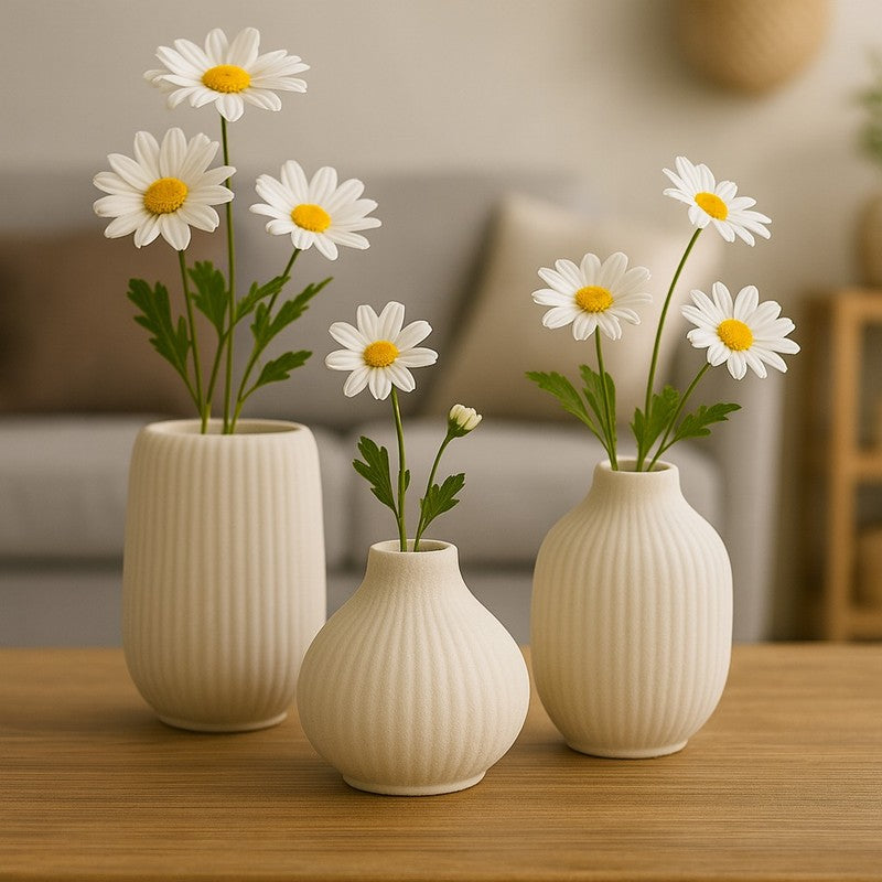 Artisan Ribbed Ceramic Vase - Set of Three