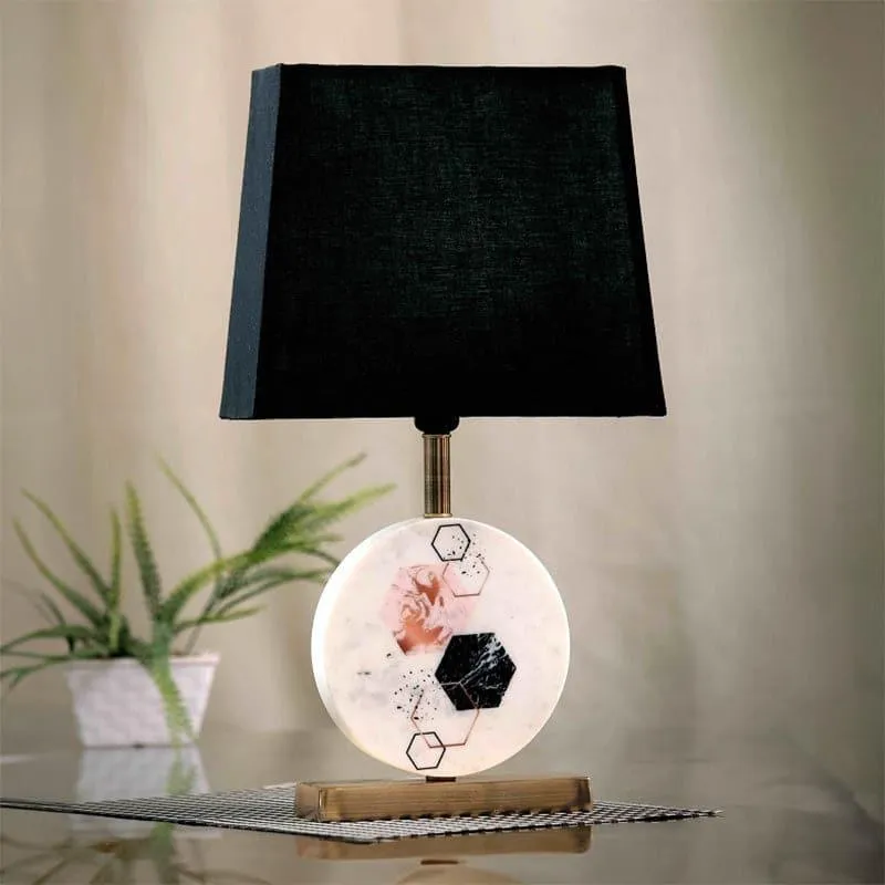 Hexa Marble & Brass Base Fabric Table Lamp - Black,White media 3