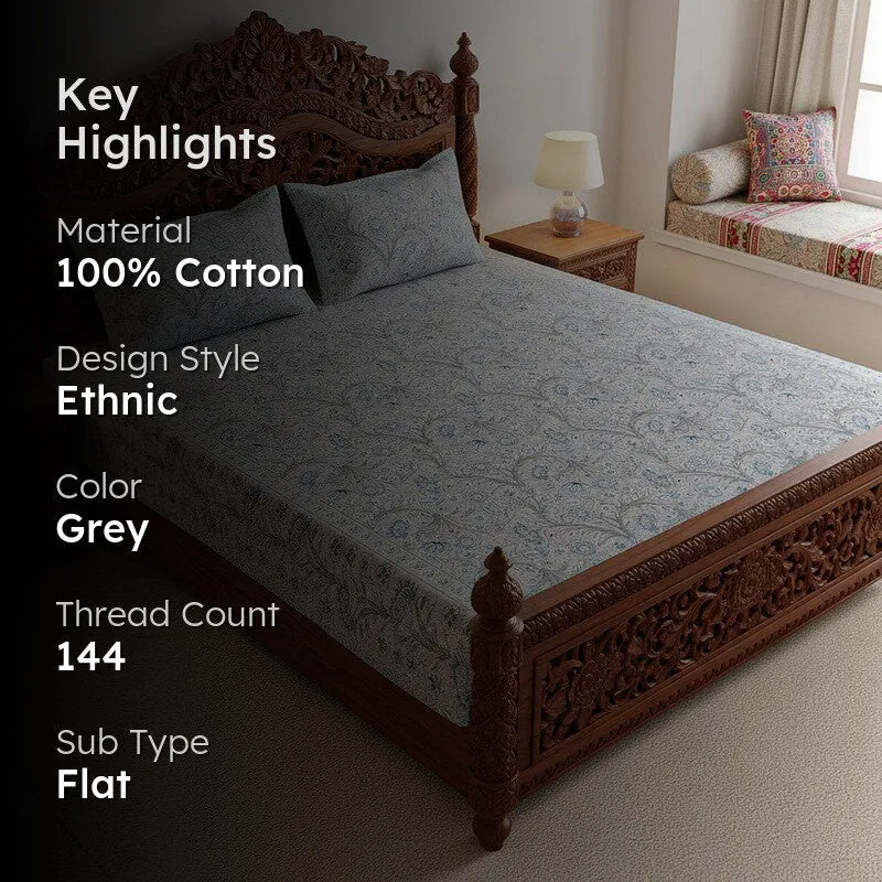 Samuna Floral Cotton Bedsheet (Light Blue,Grey) - 144 TC media 2