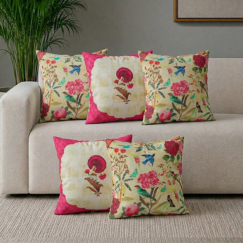 India Circus Poppy Wing Printed Velvet Cushion Cover - Set Of Five media 1