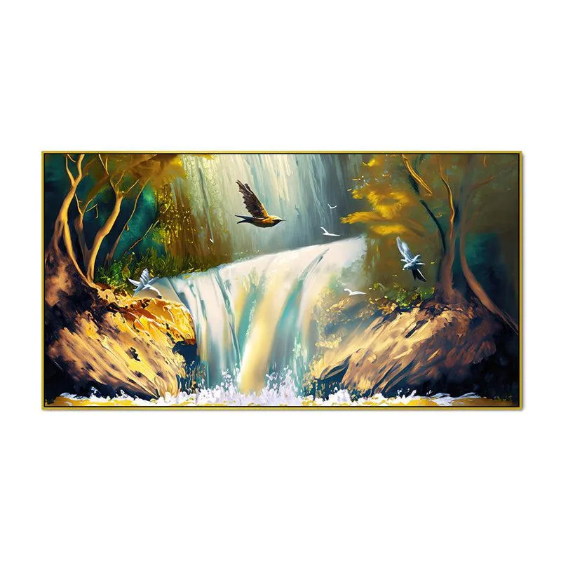 Enchanted Waterfalls Landscape Canvas Wall Painting With Frame - Gold media 5