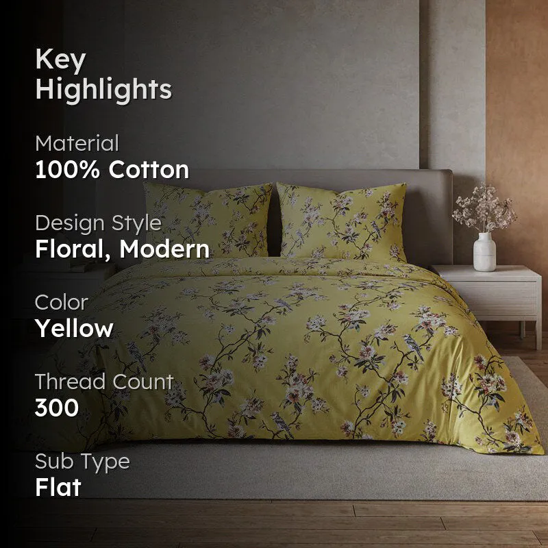 Cherry Blossom Printed Cotton Bedsheet (Mustard Yellow) - 300 TC media 2