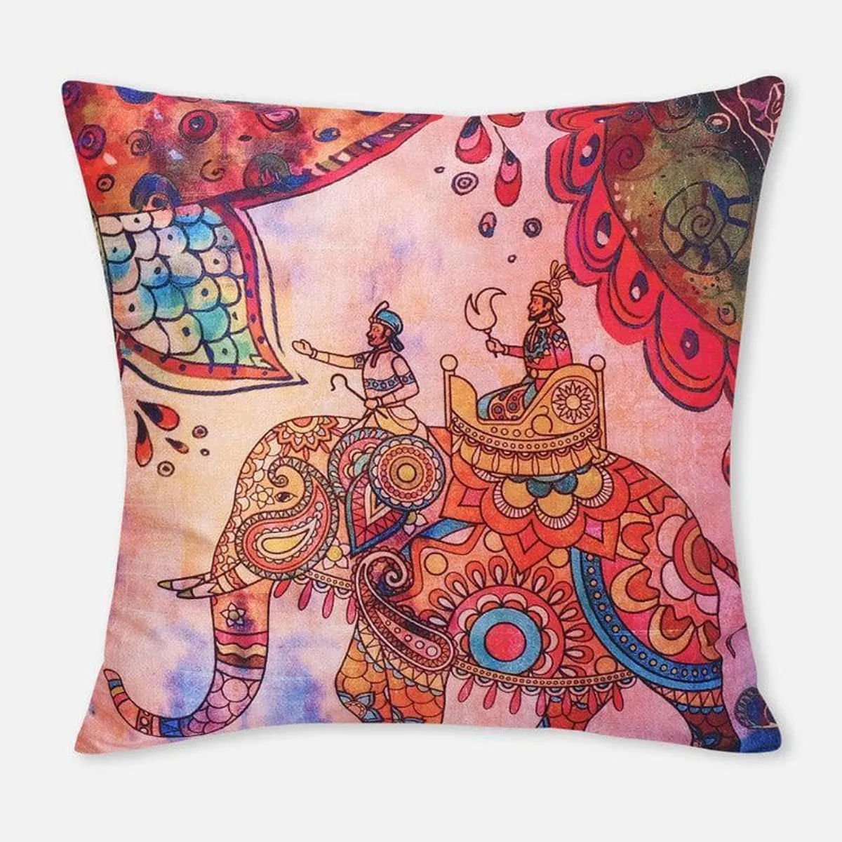 Square cushion cover with colourful elephant and royal figurative print on pink base