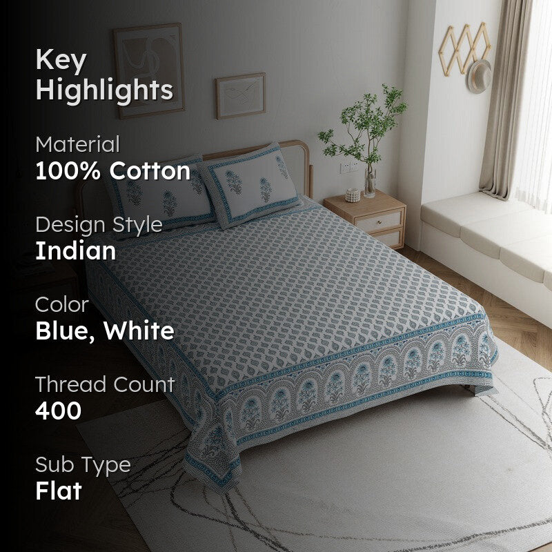 OvoFloro Handblock Printed Cotton Bedsheet (Blue) - 400 TC media 2