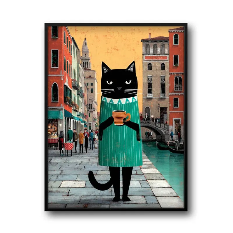 Venice Brew Cat Wall Painting With Frame media 3